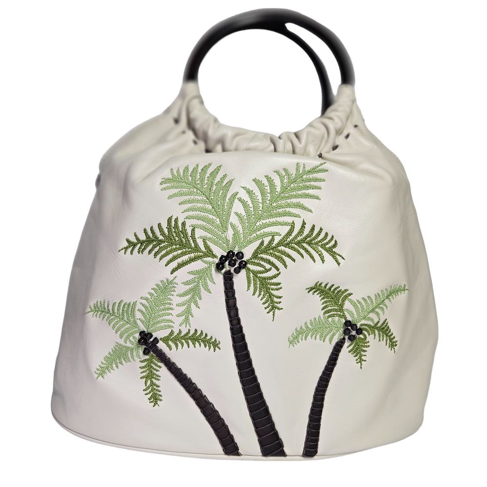 Rare Cole Haan Coconut Palm Tree Embroidered Beaded Leather Bucket Bag